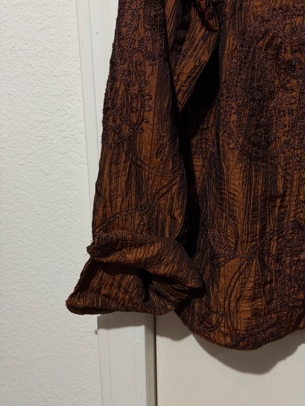 Coldwater Creek Metallic Copper / Bronze Crinkle Embroidered Button-Front Jacket - Picture 6 of 16
